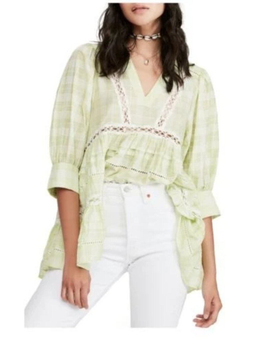 Free People Time Out Plaid Lace Trim Tunic Top Lime Green Boho Babydoll L #503